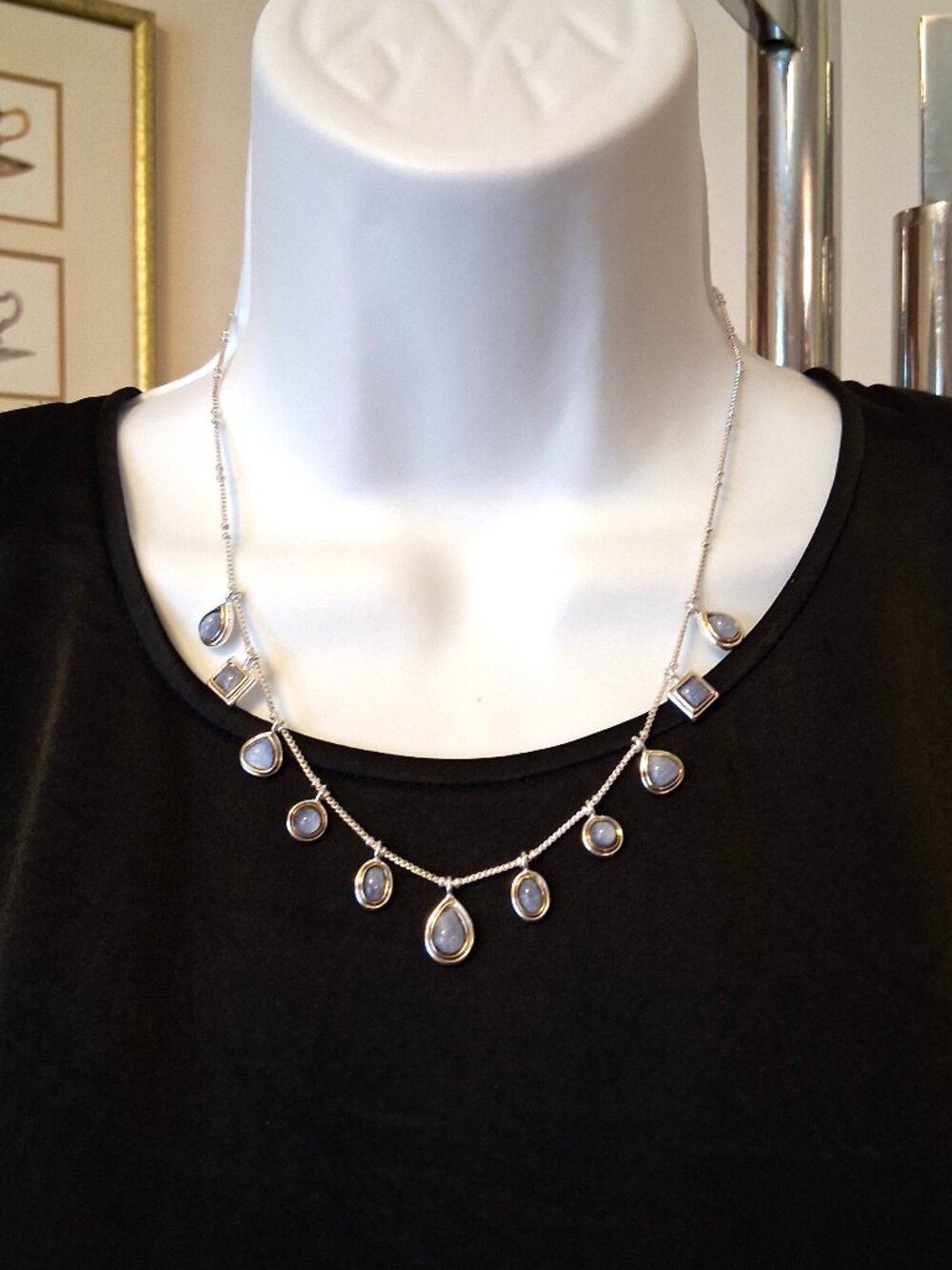 Liz Claiborne Vintage Sky Blue Crystal Charms Timeless Silver Choker Necklace